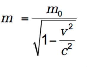 m equals begin fraction m sub 0 over begin square root 1 minus begin fraction v sup 2 over c sup 2 end fraction end square root end fraction