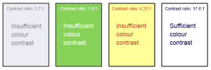 Examples of font colour against background colour; showcases issues with insufficient contrast