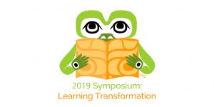 Symposium graphic: Indigenous artist rendering of a green frog reading an orange book