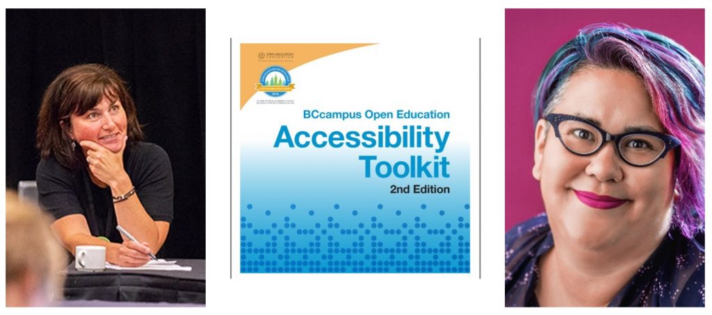 A collage of Sue Doner, Tara Robertson, and the cover of the Accessibility Toolkit