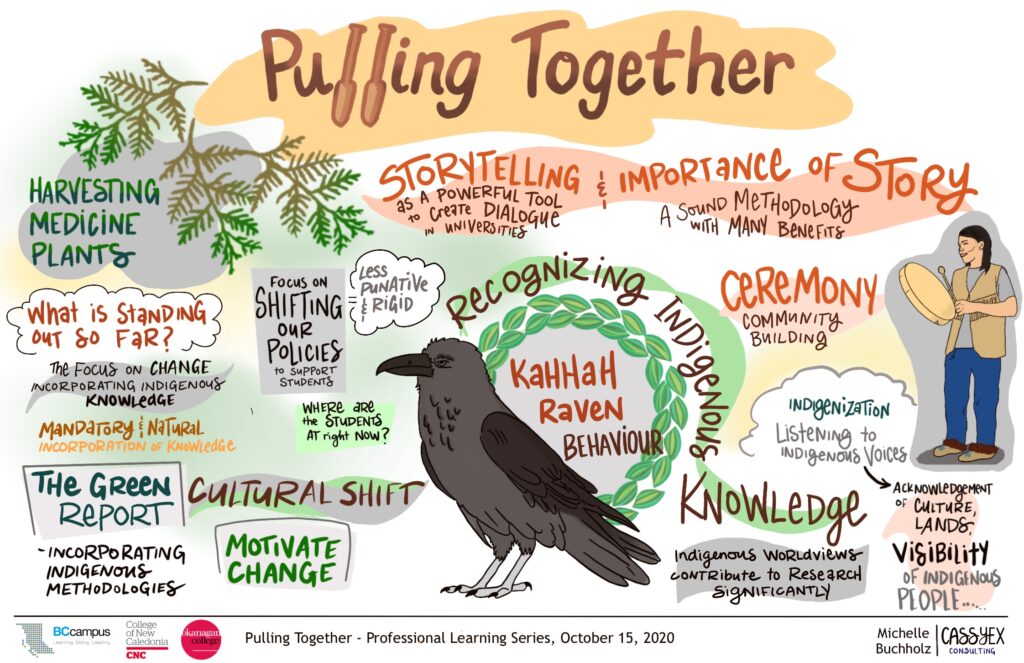 Graphic recording of Session 3. A raven is perched prominently in the center. A person holds a drum on the right side. On the left there are tree branches drawn in green. "Storytelling and importance of story", "Ceremony", Recognizing Indigenous Knowledge" are in larger text but there are other themes written in smaller text weaved through out the drawing.