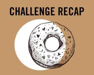 A brown and white graphic of a donut with heart shaped sprinkles with the text above reading: CHALLENGE RECAP