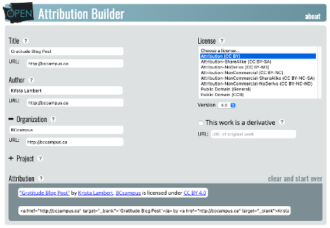 Screen capture of the fields available that are used to generate an attribution statement through the Open Washington Attribution Builder. Fields include: Title, Author, Organization, Project, Liscense, each with a space for a URL. The automatic attribution is shown at the bottom. The author has used this blog post as an example