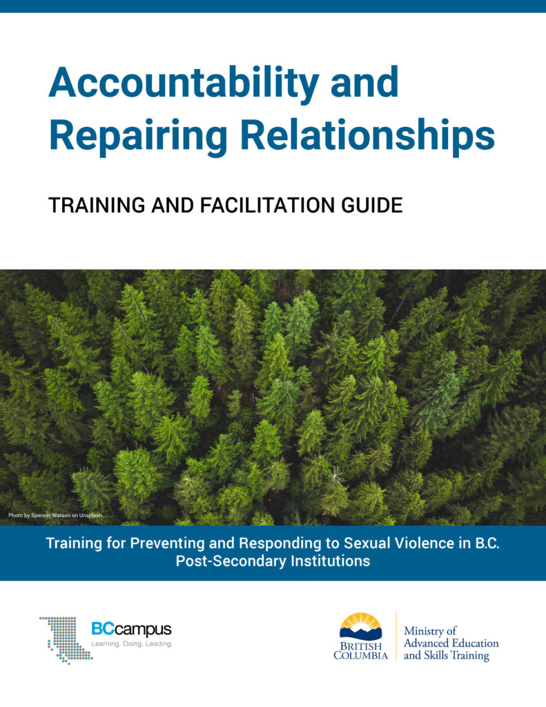 Pressbooks cover for the resource, Accountability and Repairing Relationships: Training and Facilitation Guide.