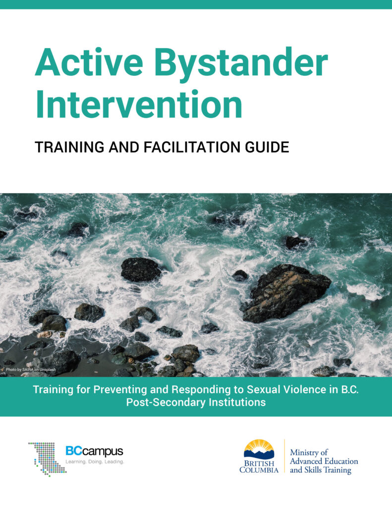 Pressbooks cover for the resource, Active Bystander Intervention: Training and Facilitation Guide. 