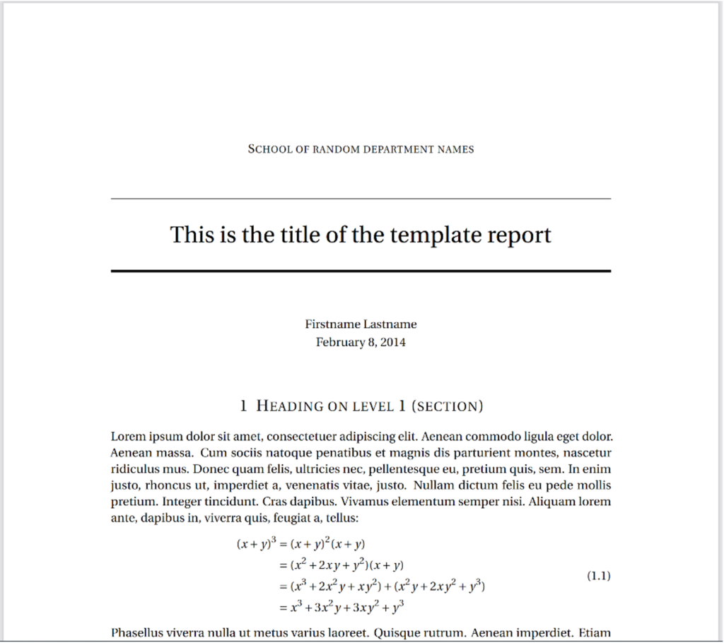 A title page of a document is shown. Centered example text, some of which is in latin, and an example of an algrebraic equation is shown as well. the text and format appear seamless. 