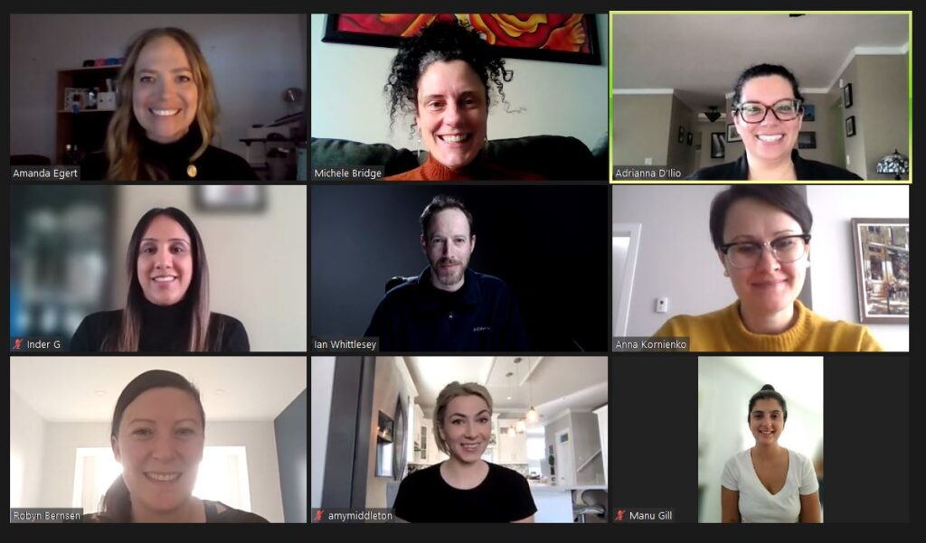 A zoom call gallery view is shown. Names from top left: Amanda Egert, Michele Bridge, Adrianna D'ilio, Inder G, Ian Whittlesey (middle), Anna Kornienko, Robyn Bersnen, Amy Middleton, Manu Gill