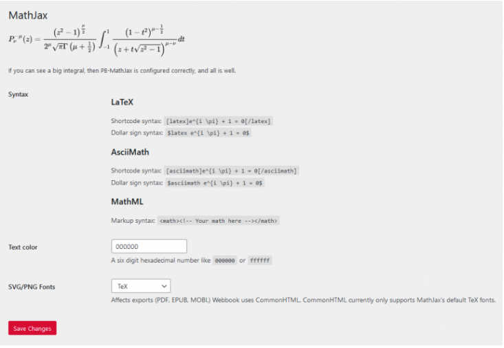 MathJax settings page in Pressbooks. A long math equation is at the top, followed by syntax examples and text options