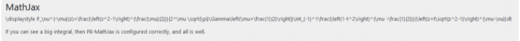 MathJax settings page in Pressbooks. A line of unrendered LaTeX runs along the top, indicating that something is wrong