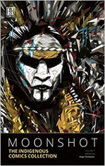 Book cover of Moonshot: The Indigenous Comics Collection features an artistic rendering of a figure in a traditional headless. The image is comprised of many slashes of colour and the figure wears white paint on his face. His eyes are shadowed and cannot be seen clearly. The image is striking and has an angry quality to it. 