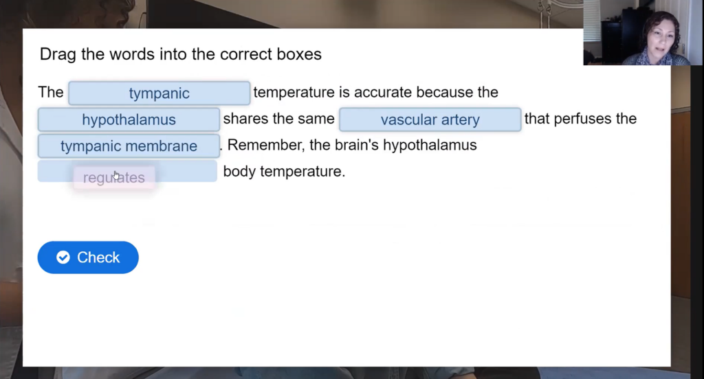 An example H5P activity is shown on a presenter's screen:

Someone doing the activity is instructed to "drag the words into the correct boxes". The answers are filled into their appropriate places in the sentence that is there. 