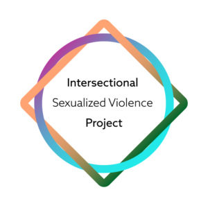 A circle and square intertwine around the words" Intersectional Sexualized Violence Project". The intersecting lines and changing colours represent the project's four main focus areas: Indigenous, international, and graduate students as well as technology-facilitated sexual violence.
