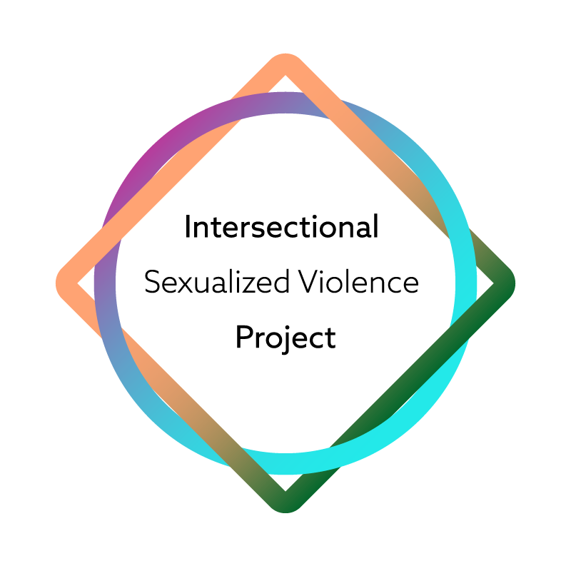 A circle and square intertwine around the words "Intersectional Sexualized Violence Project". The intersecting lines and changing colours represent the project's four main focus areas: Indigenous, international, and graduate students as well as technology-facilitated sexual violence.