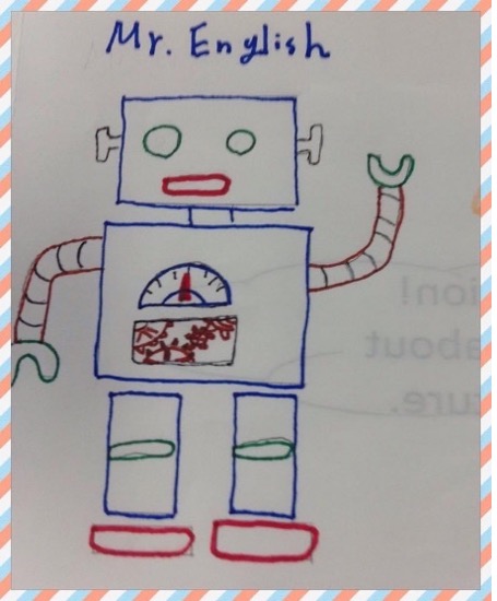 A hand drawn robot with the text "Mr. English" 