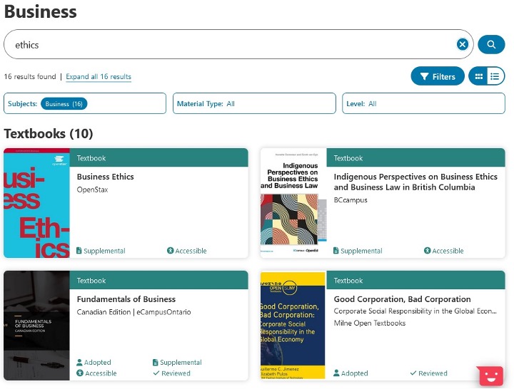 The search results when browsing the “Business” subject card with the search term “ethics.”