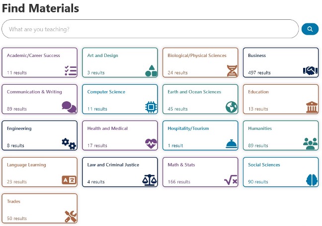 The BC Open Collection search page. There is a search bar that asks, “What are you teaching?” and over 16 subject cards.