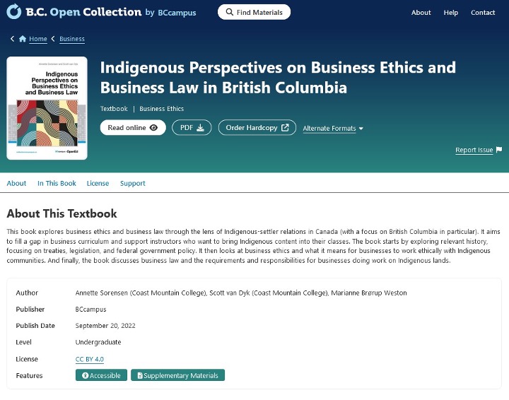 The book info page for the open textbook titled Indigenous Perspectives on Business Ethics and Business Law in British Columbia.