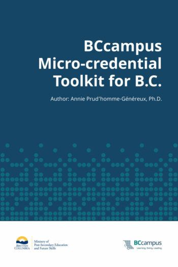 A blue book cover with write writing that says "BCcampus Micro-credential Toolkit for B.C."