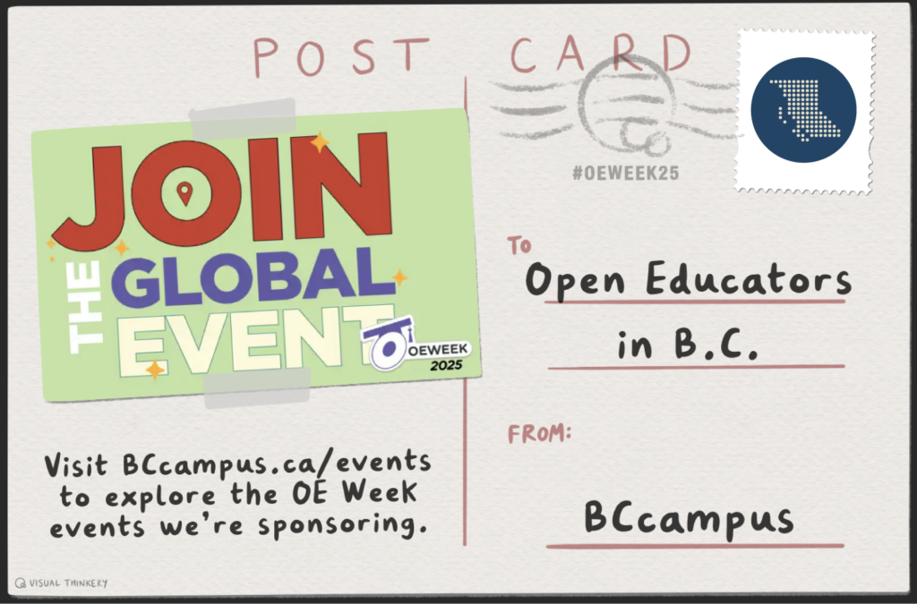 OE Postcard: "Join the Global Event. Visit BCcampus.ca/events to explore the OE Week events we're sponsoring. To: Open Educators in B.C. From: BCcampus