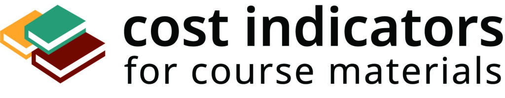 The logo for the cost indicators project. Contains three colourful books stacked upon each other and the text "cost indicators for course materials".